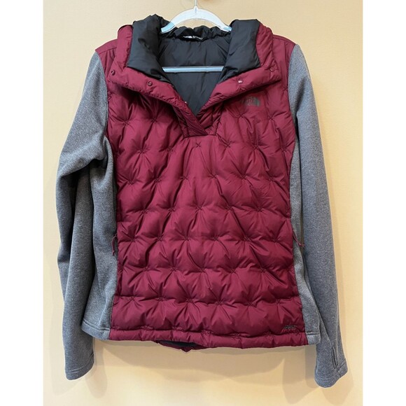 Women’s North Face Burgundy Mashup Pullover Hooded Down Filled Jacket Size L - Picture 1 of 16
